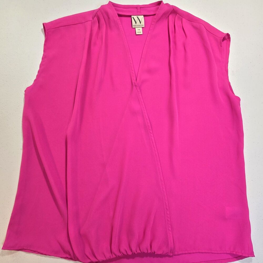 Worthington Women's Sleeveless Faux Wrap Blouse Top Pink Sz Medium Petite Office